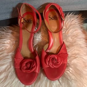 Red leather ankle strap cork platform sandals. Size 9.
